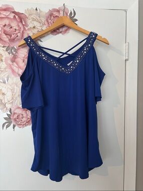 cleo Royal Blue Cold-Shoulder Beaded Neckline Top